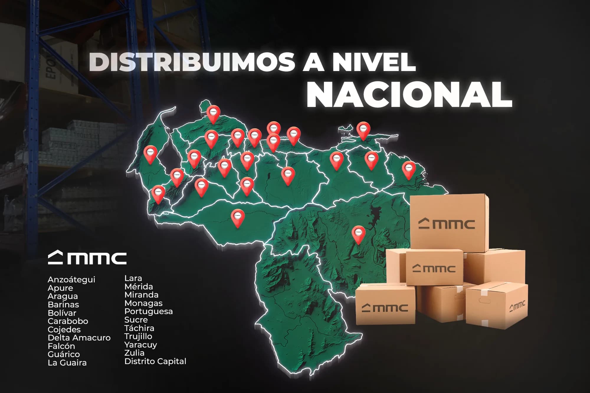 Mapa de Venezuela con los estados donde MMC despacha, marcados con pines, junto a cajas con el logo de MMC.